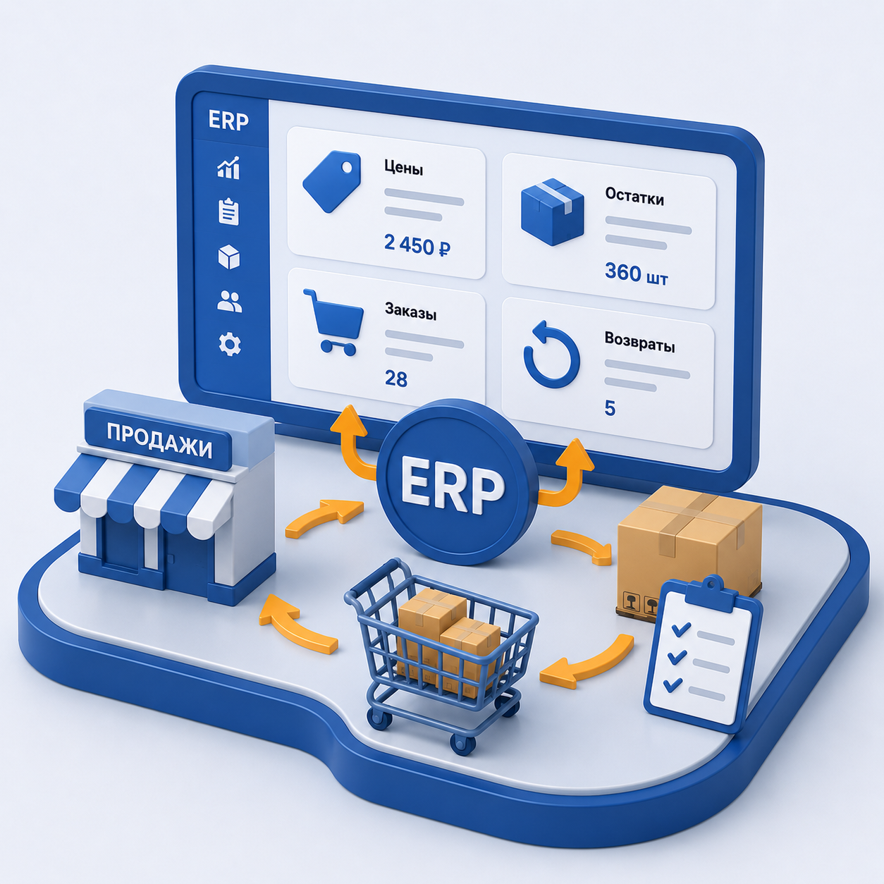 ERP объединяет товарный учёт, продажи, цены, складские остатки, заказы и возвраты в единую систему