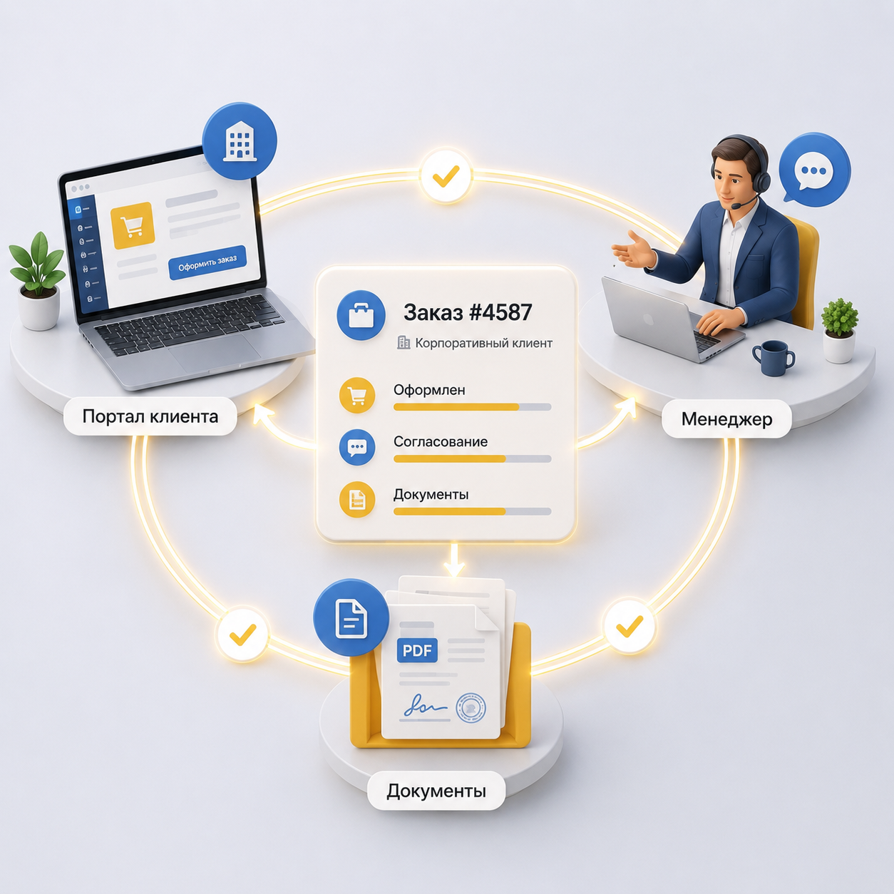 Омниканальный B2B-процесс, где корпоративный клиент оформляет заказ в портале, взаимодействует с менеджером и получает документы в едином контуре работы